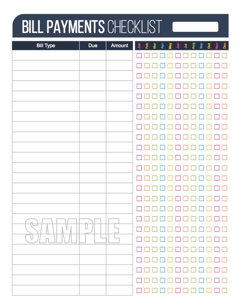 Bill Payment Checklist Printable Fillable Personal Finance | Etsy - Free Printable Monthly Bill Checklist