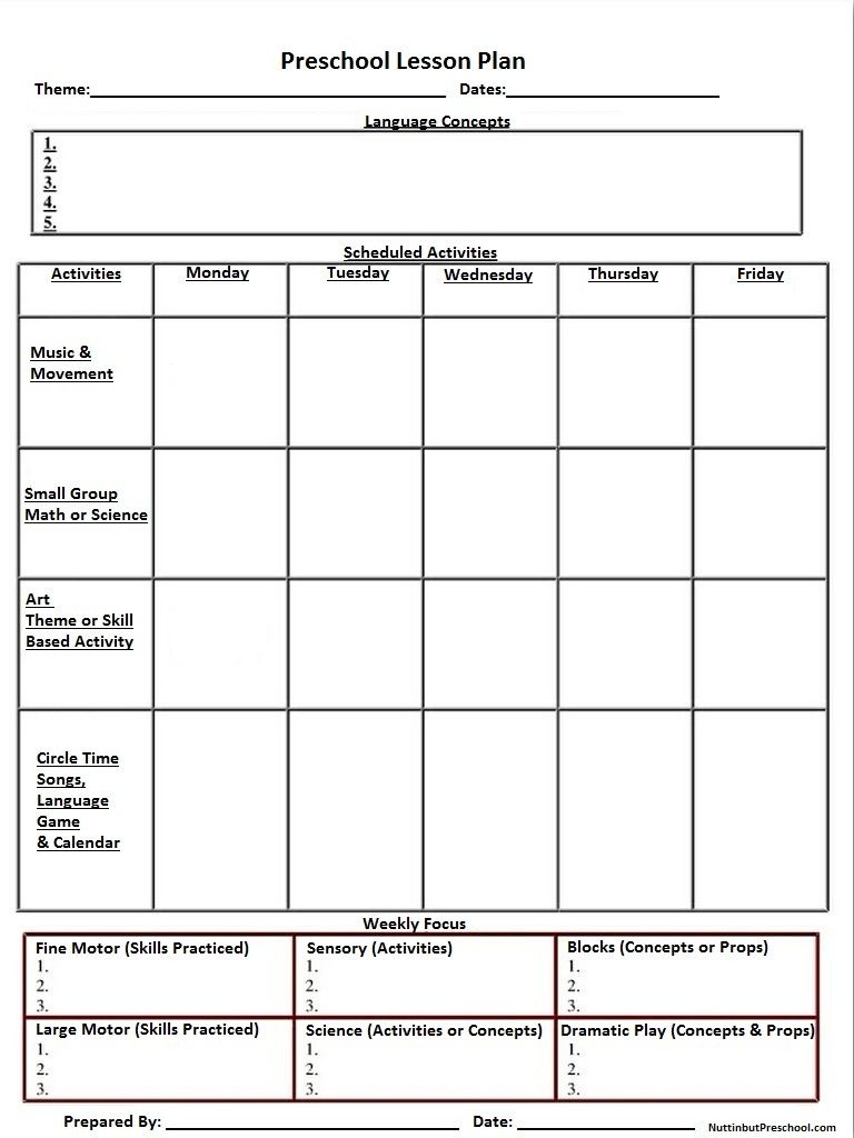 Blank Preschool Weekly Lesson Plan Template |  My Printable - Free Printable Lesson Plan Template Blank