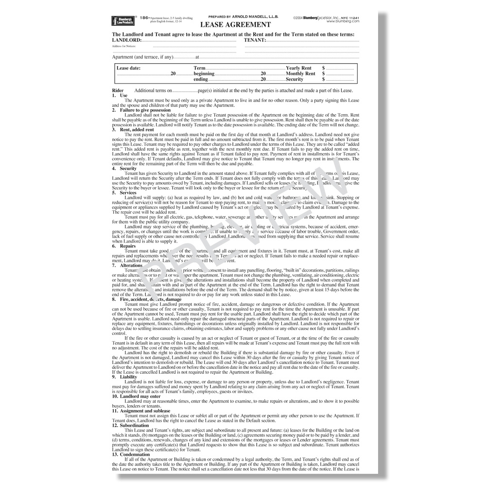Blumberg Lease - New York Residential Lease Forms - Free Printable Lease Agreement Ny