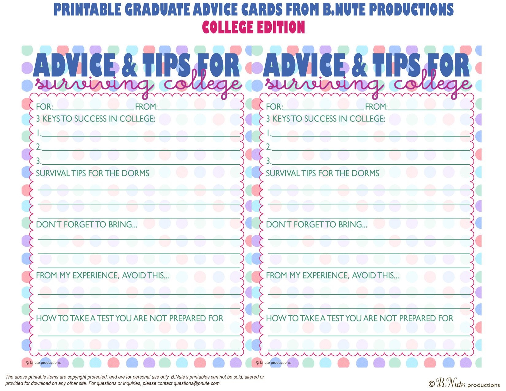Bnute Productions: Free Printable Graduate Advice Cards - College - Free Printable Grade Cards