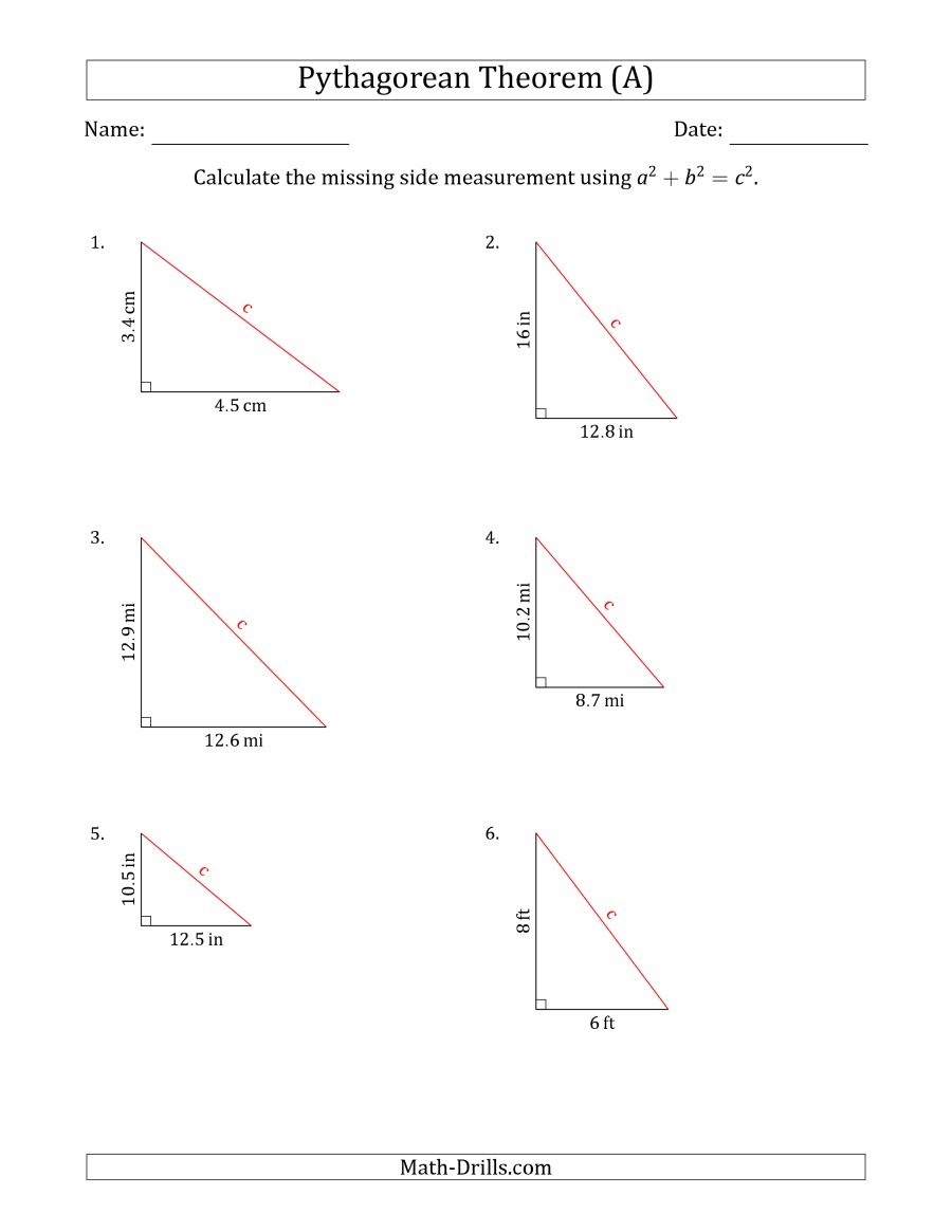 Calculate The Hypotenuse Using Pythagorean Theorem (No Rotation) (A) - Free Printable Pythagorean Theorem Worksheets