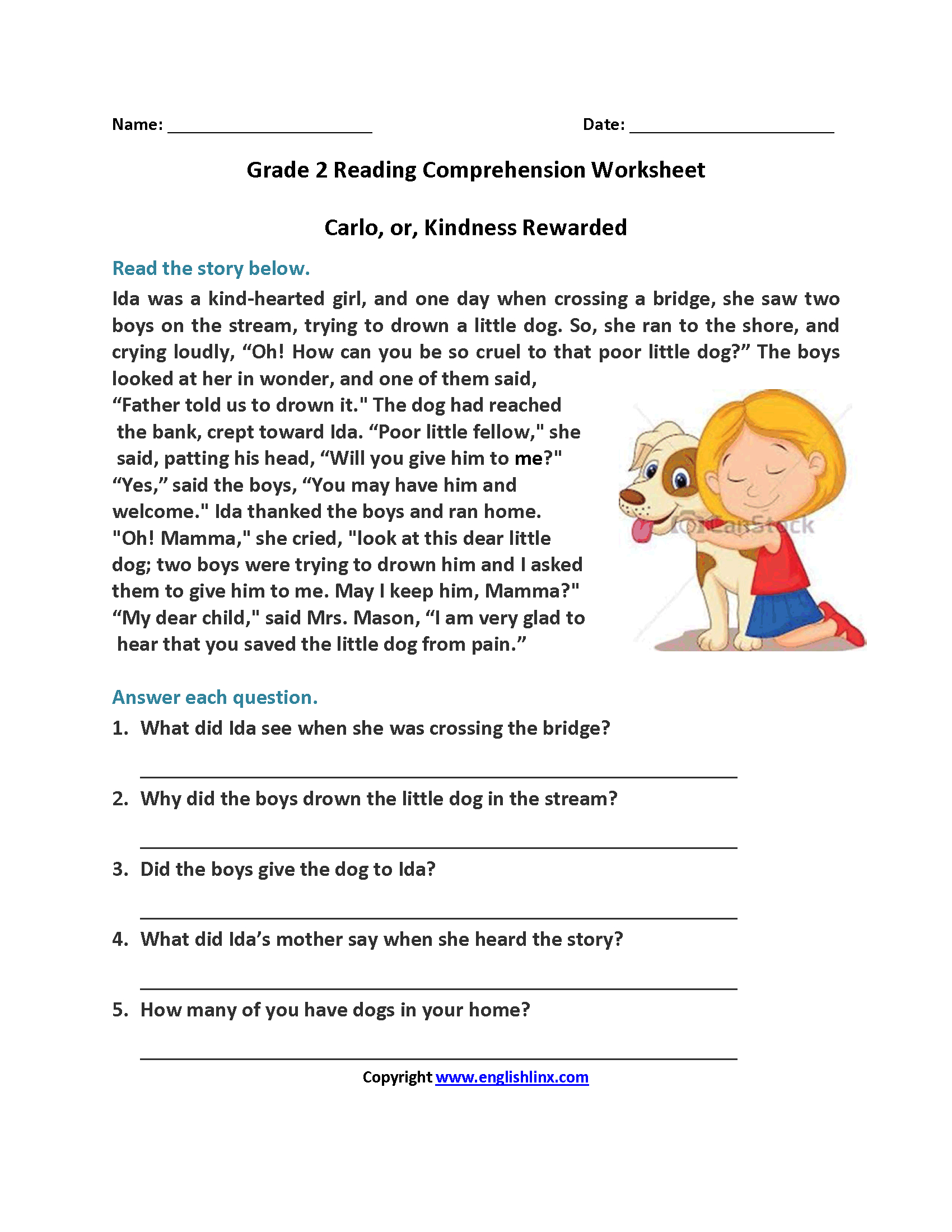 Carlo Or Kindness Rewarded Second Grade Reading Worksheets | Reading - Free Printable Comprehension Worksheets For Grade 5