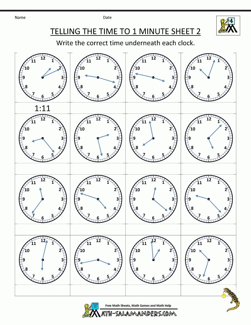 Clock Worksheets - To 1 Minute - Free Printable Telling Time Worksheets
