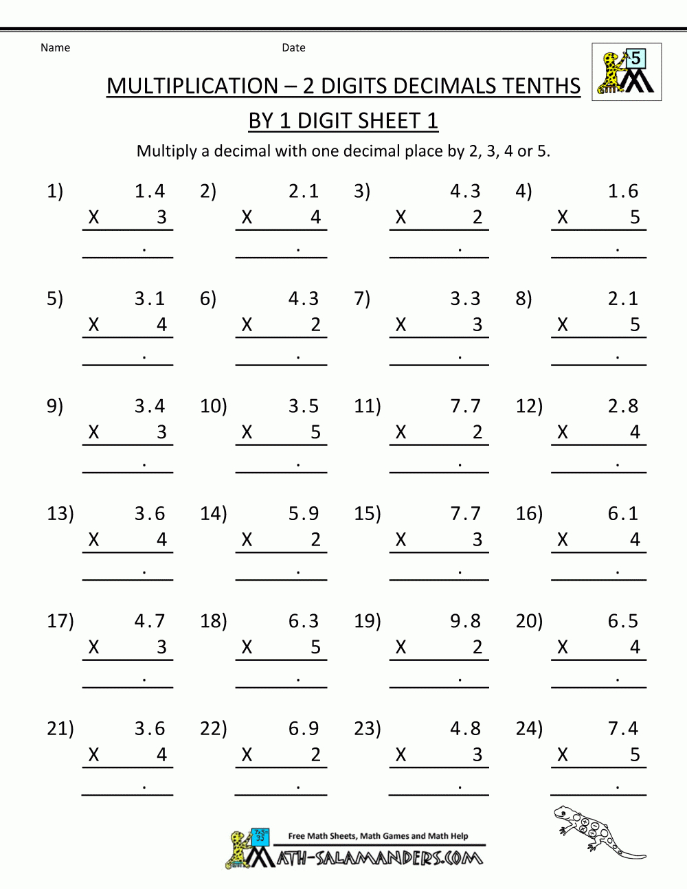 Decimal Multiplication Coloring Worksheet