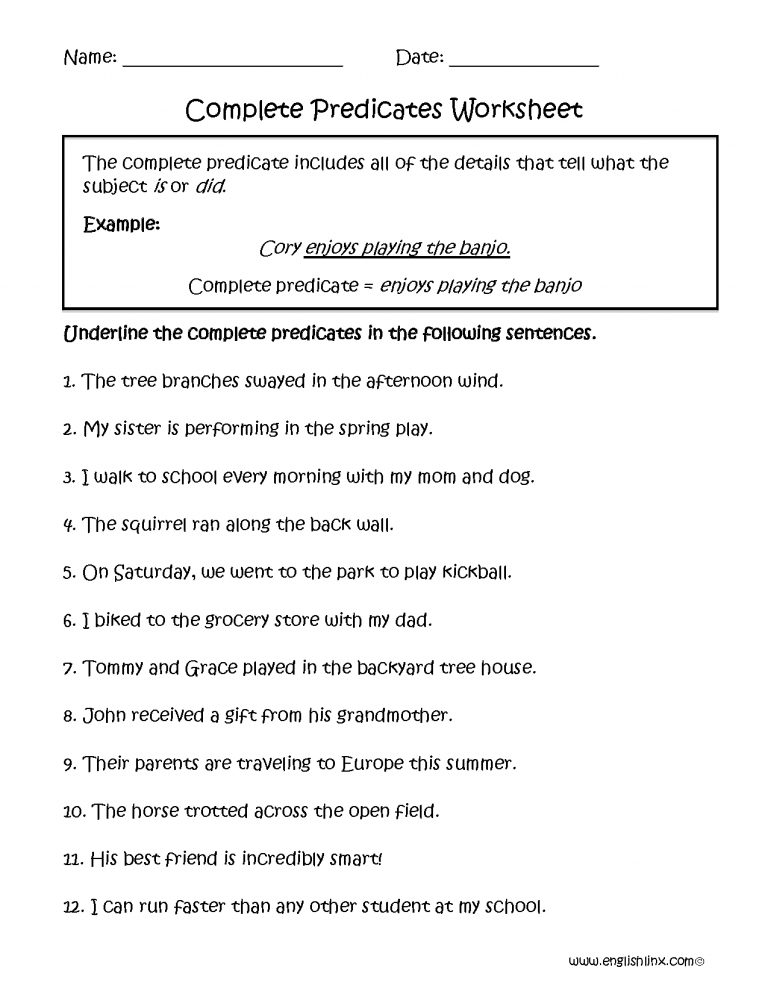Free Printable Worksheets On Complete Subject And Predicate