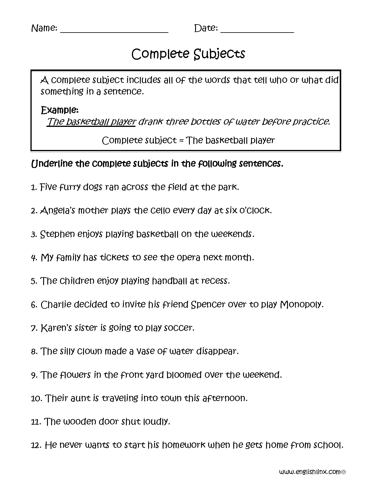 Subject And Verb Worksheets 2nd Grade