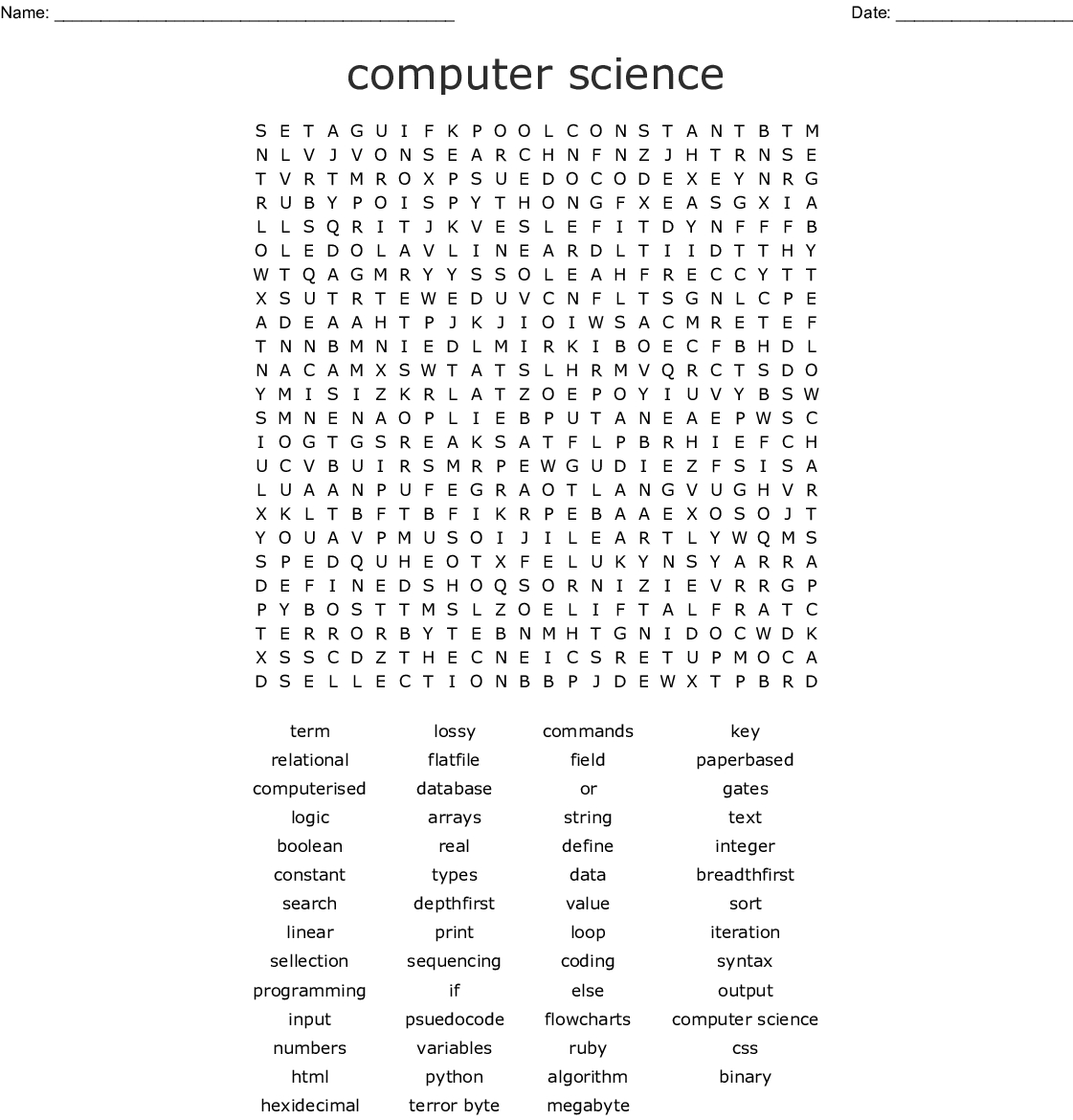 Computer Science Word Search - Wordmint - Word Search Maker Free Printable