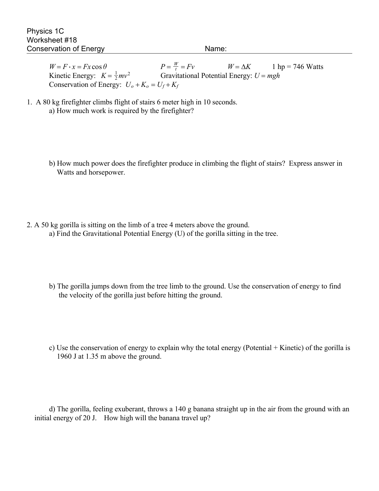 Conservation Of Energy Worksheet - Tutlin.psstech.co - Free Printable Worksheets On Potential And Kinetic Energy