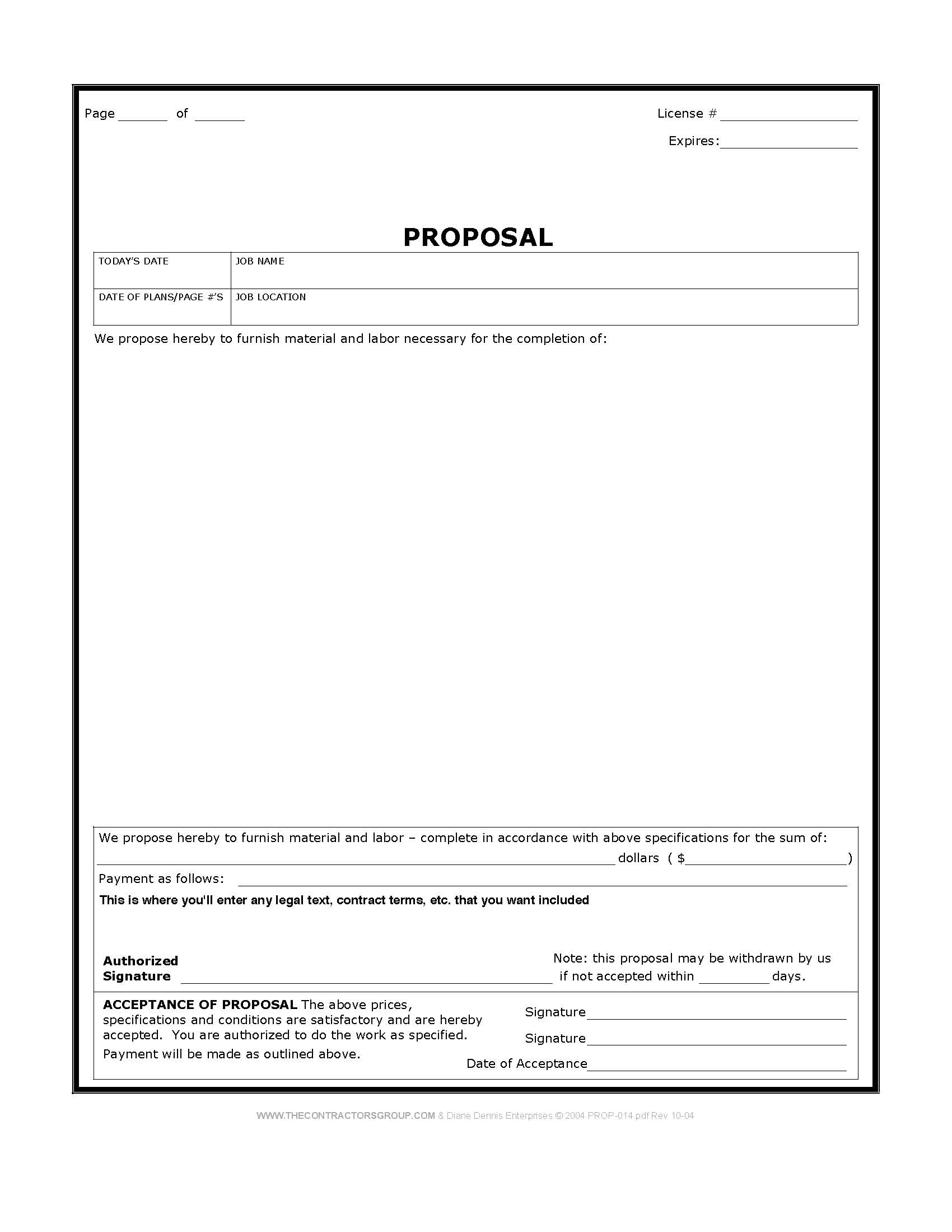 Construction Proposal Form - Bid Form - Estimate Form Style #5 - Free Printable Contractor Bid Forms