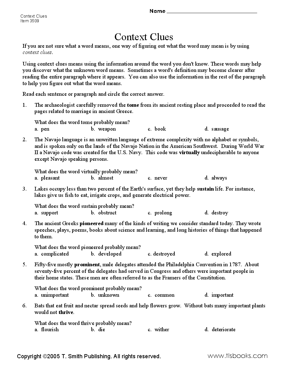 Context Clues Worksheets Multiple Choice Pdf
