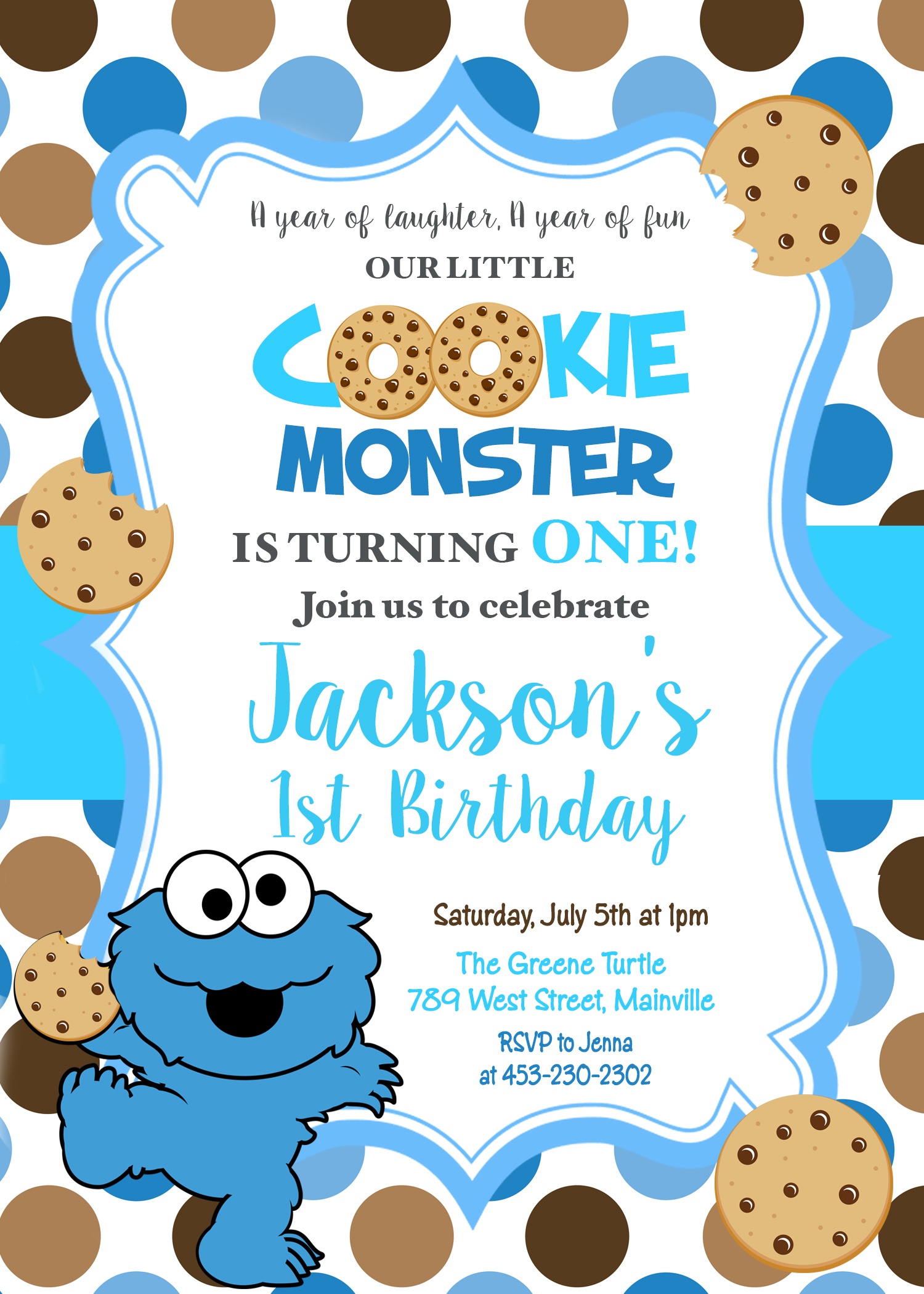 Cookie Monster First Birthday, One Year, Birthday Party, Invitation -  Digital Or Printed - Free Printable Cookie Monster Birthday Invitations