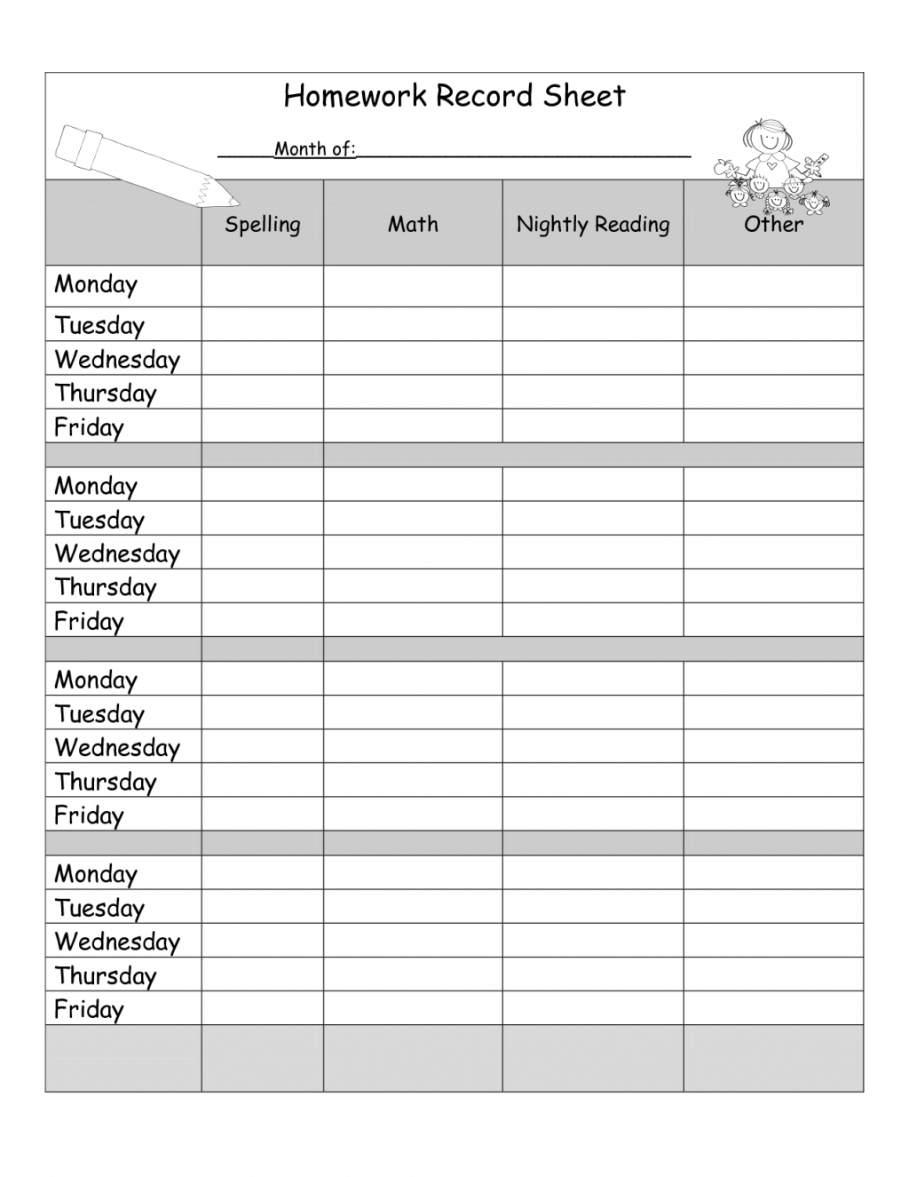 weekly homework sheet printable