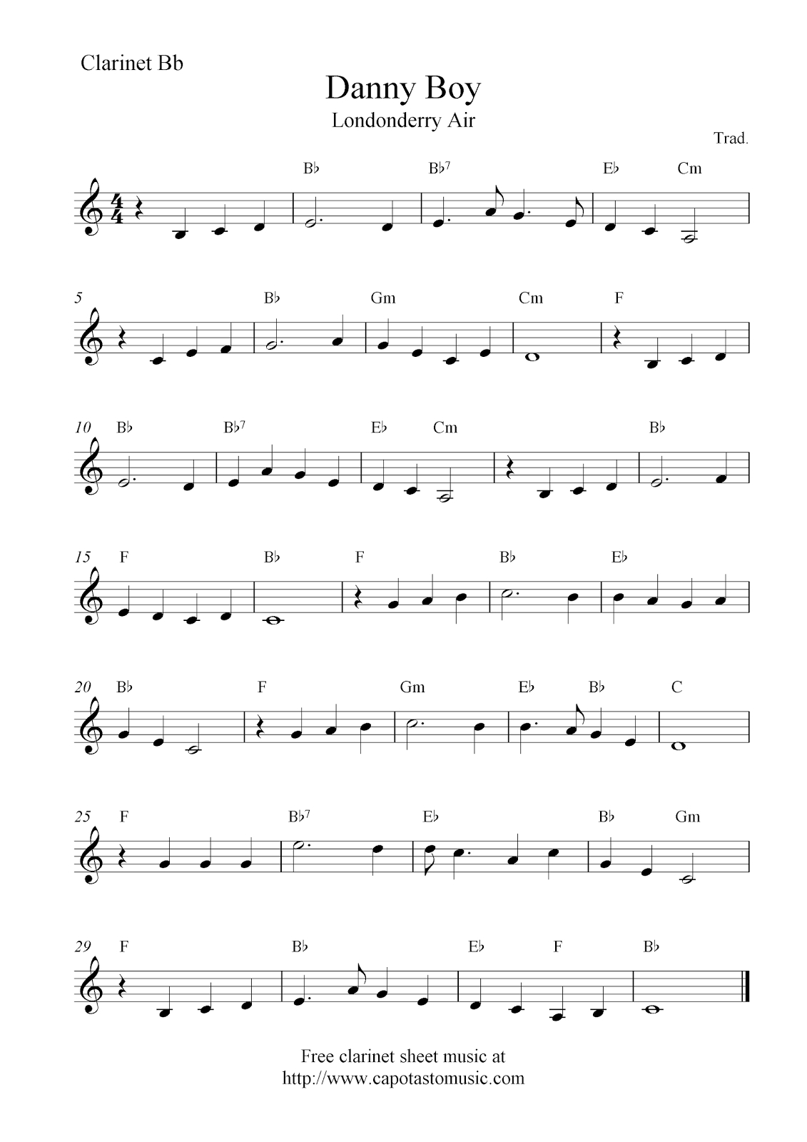 Danny Boy (Londonderry Air), Free Clarinet Sheet Music Notes - Free Printable Clarinet Music