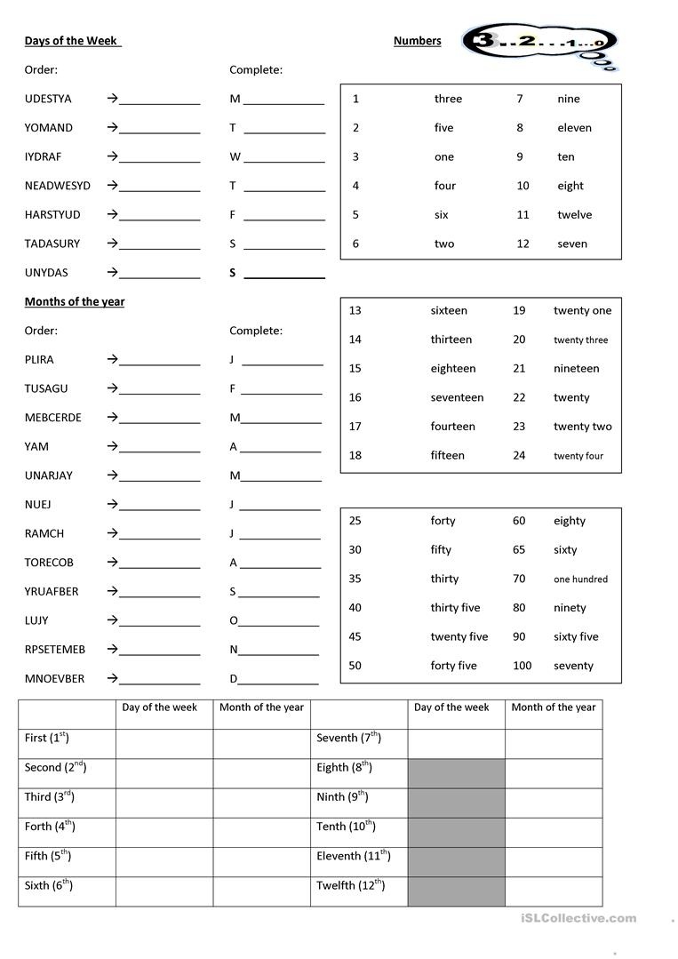 Days, Months, Ordinal Number Worksheet Worksheet - Free Esl - Free Printable Esl Resources