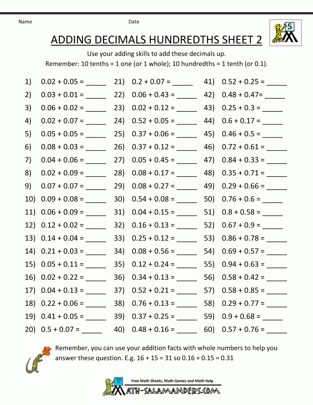 Decimal Math Worksheets Addition - Free Printable Worksheets For 5Th Grade