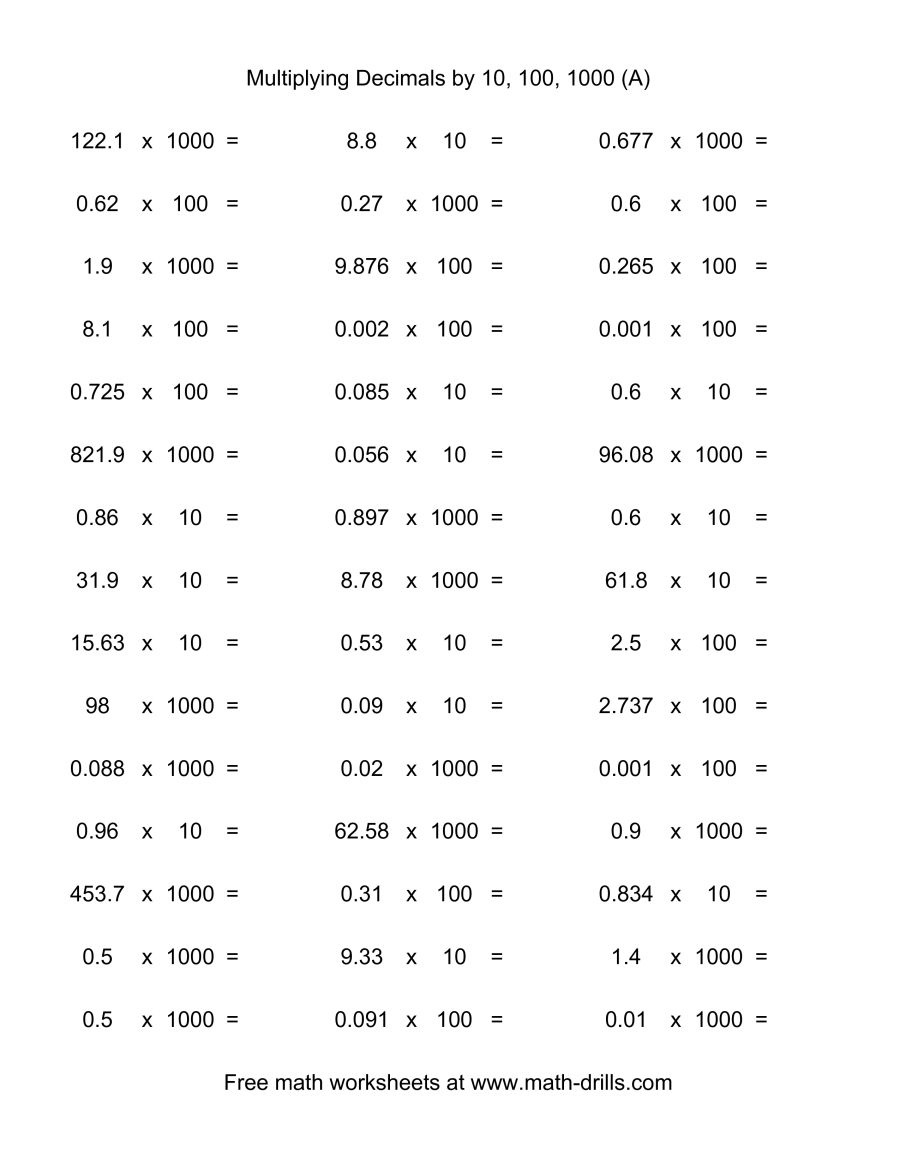 Decimal × 10, 100, Or 1000 (Horizontal; 45 Per Page) (A) - Free Printable Multiplying Decimals Worksheets