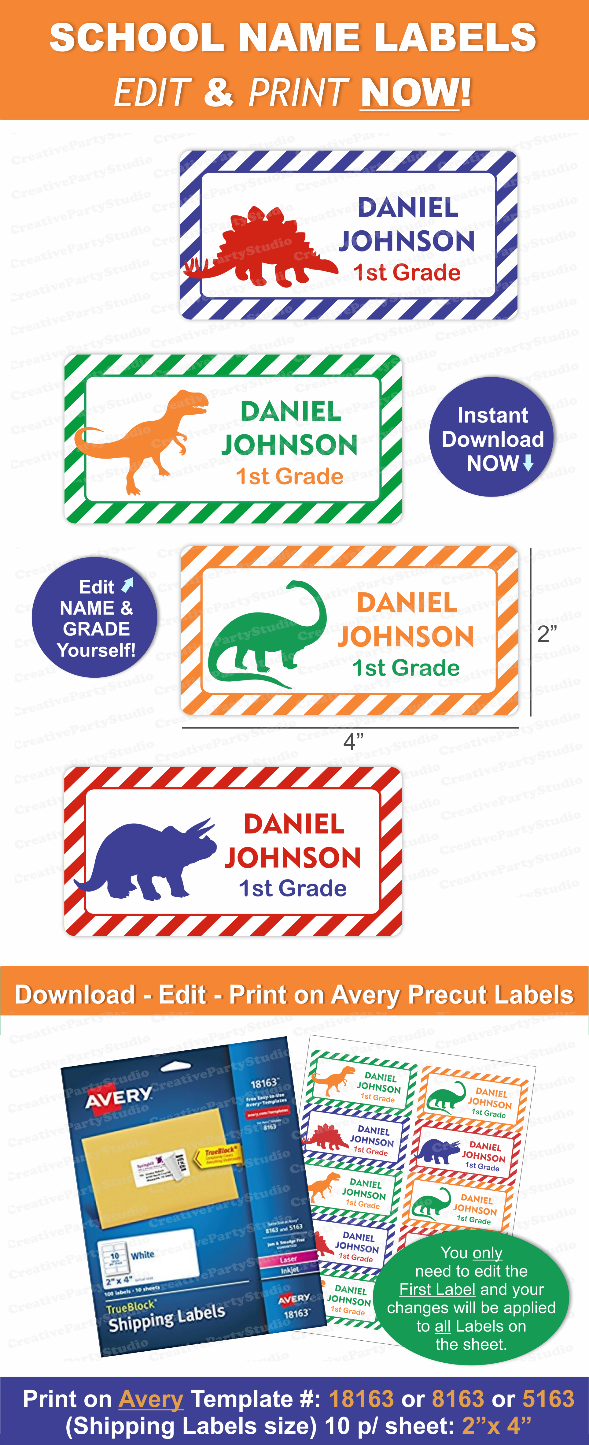 Dinosaur Name Labels/ Dinosaur School Labels/ Printable School Name - Free Printable Dinosaur Labels