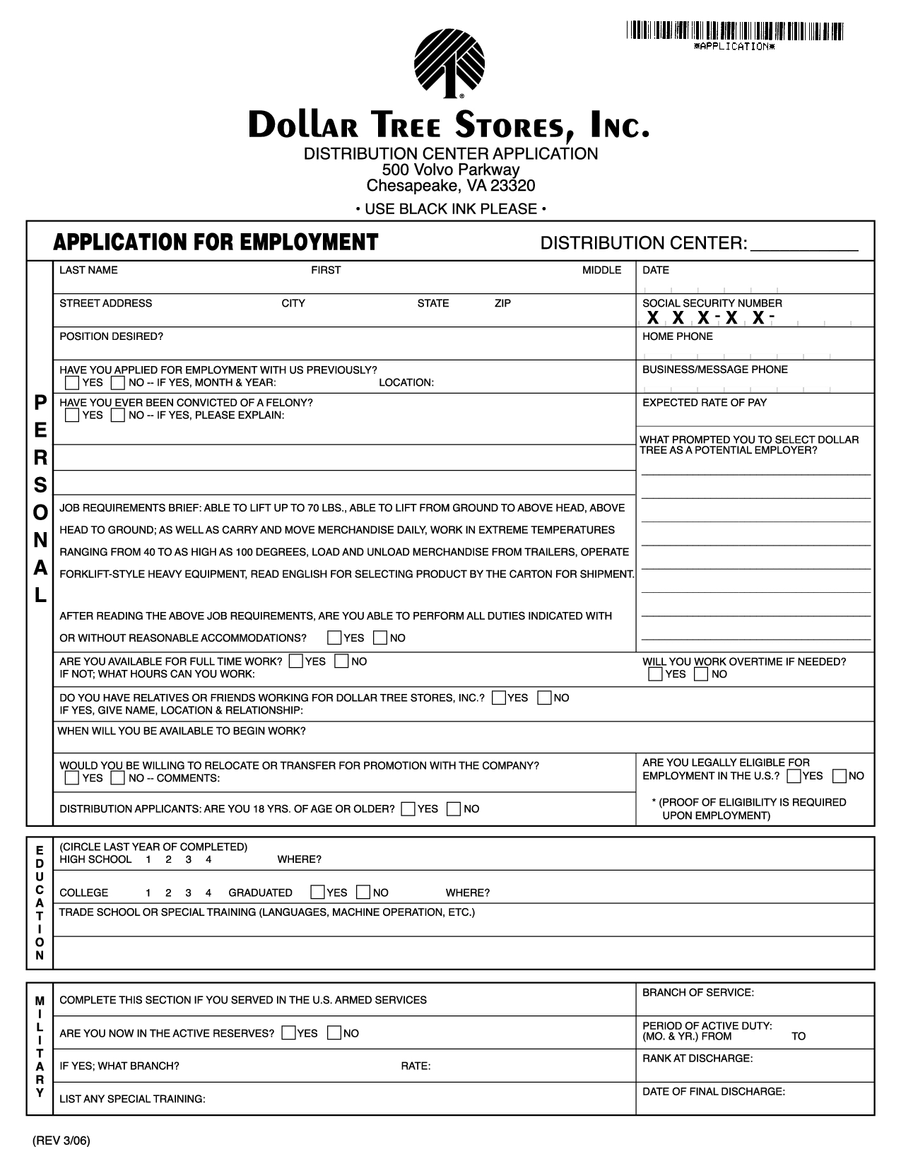 Free Printable Dollar Tree Application Form Free Printable