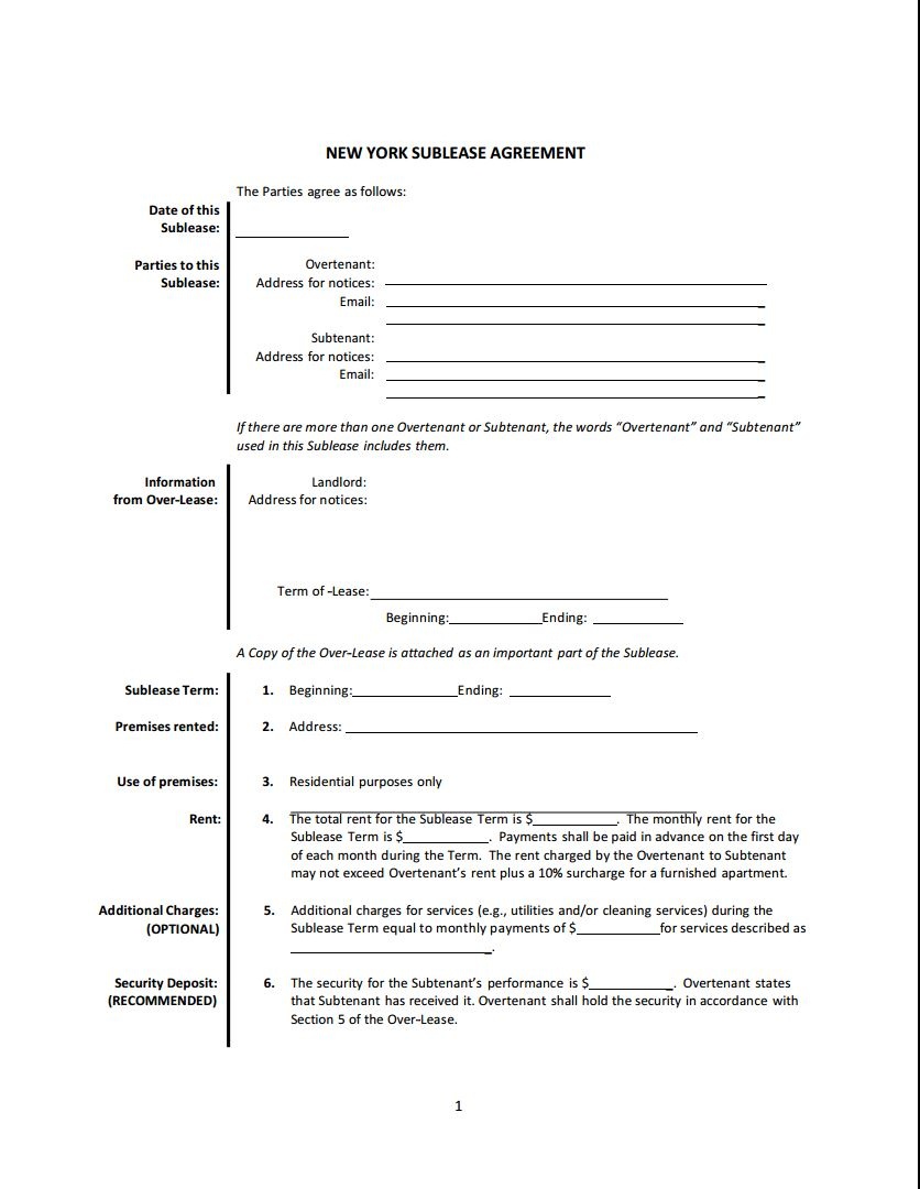 Download Free New York Sublease Agreement - Printable Lease Agreement - Free Printable Lease Agreement Ny