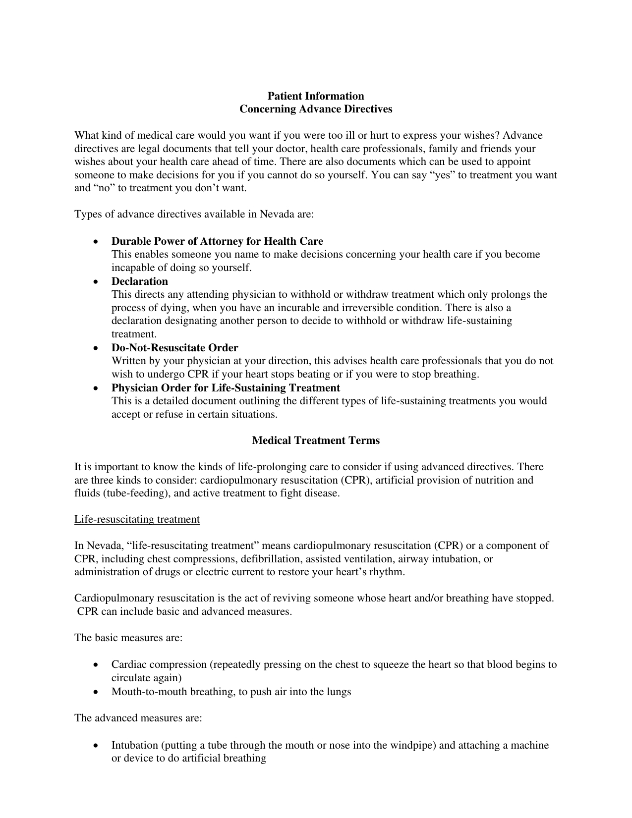 Download Nevada Living Will Form – Advance Directive | Pdf - Free Printable Advance Directive Form