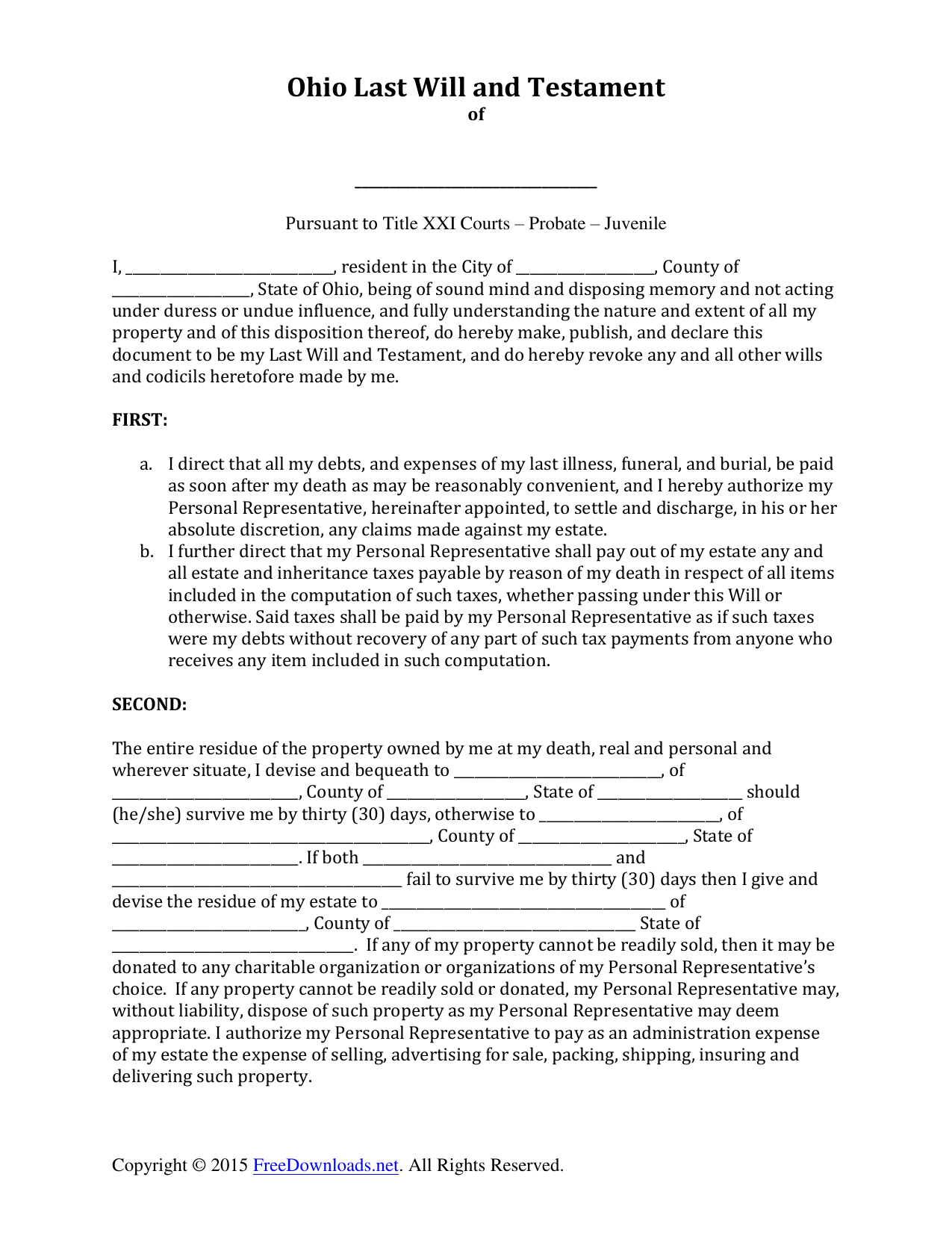 Download Ohio Last Will And Testament Form | Pdf | Rtf | Word - Free Printable Will Papers