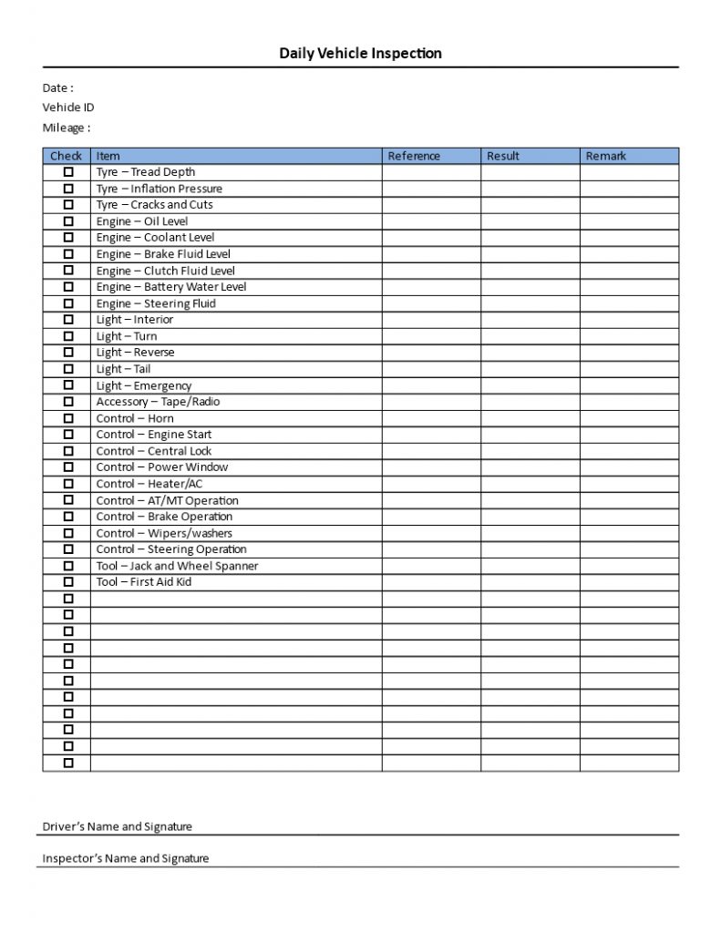 Download This Daily Vehicle Inspection Checklist Template To Keep