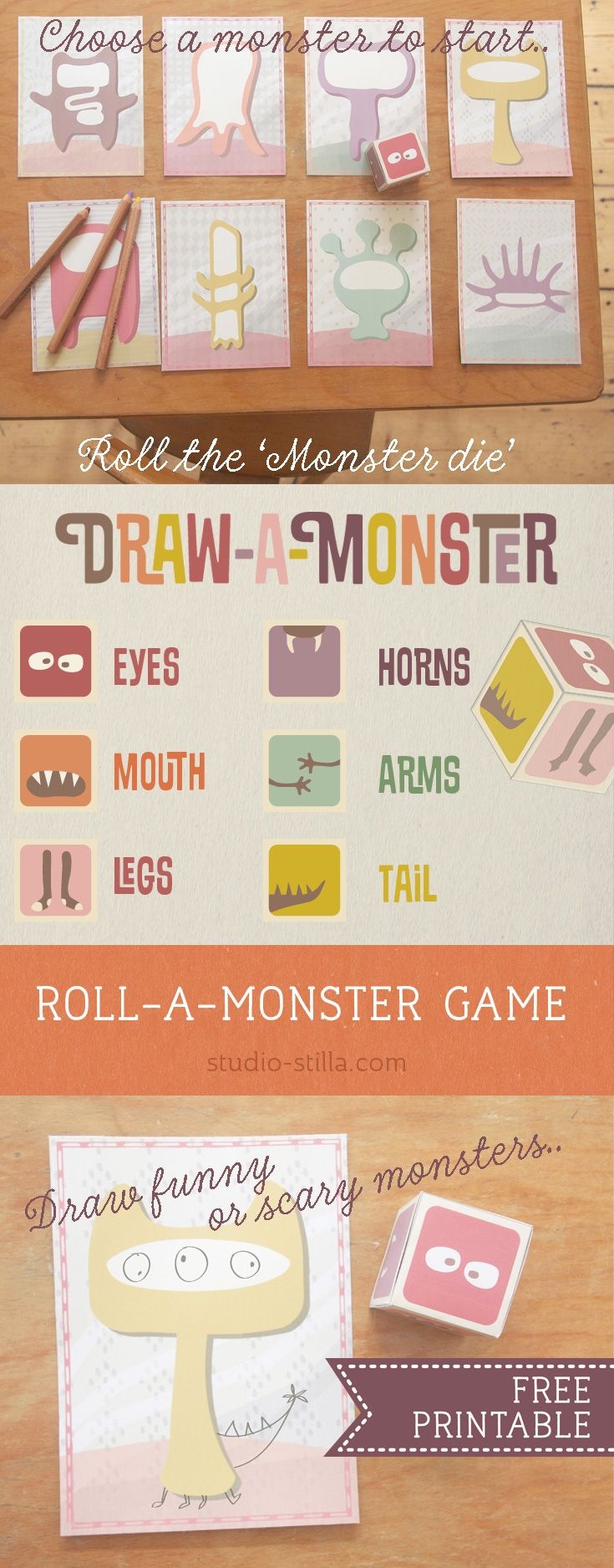 DrawAMonster Game For Kids [Free Printable] Theme Monsters Roll