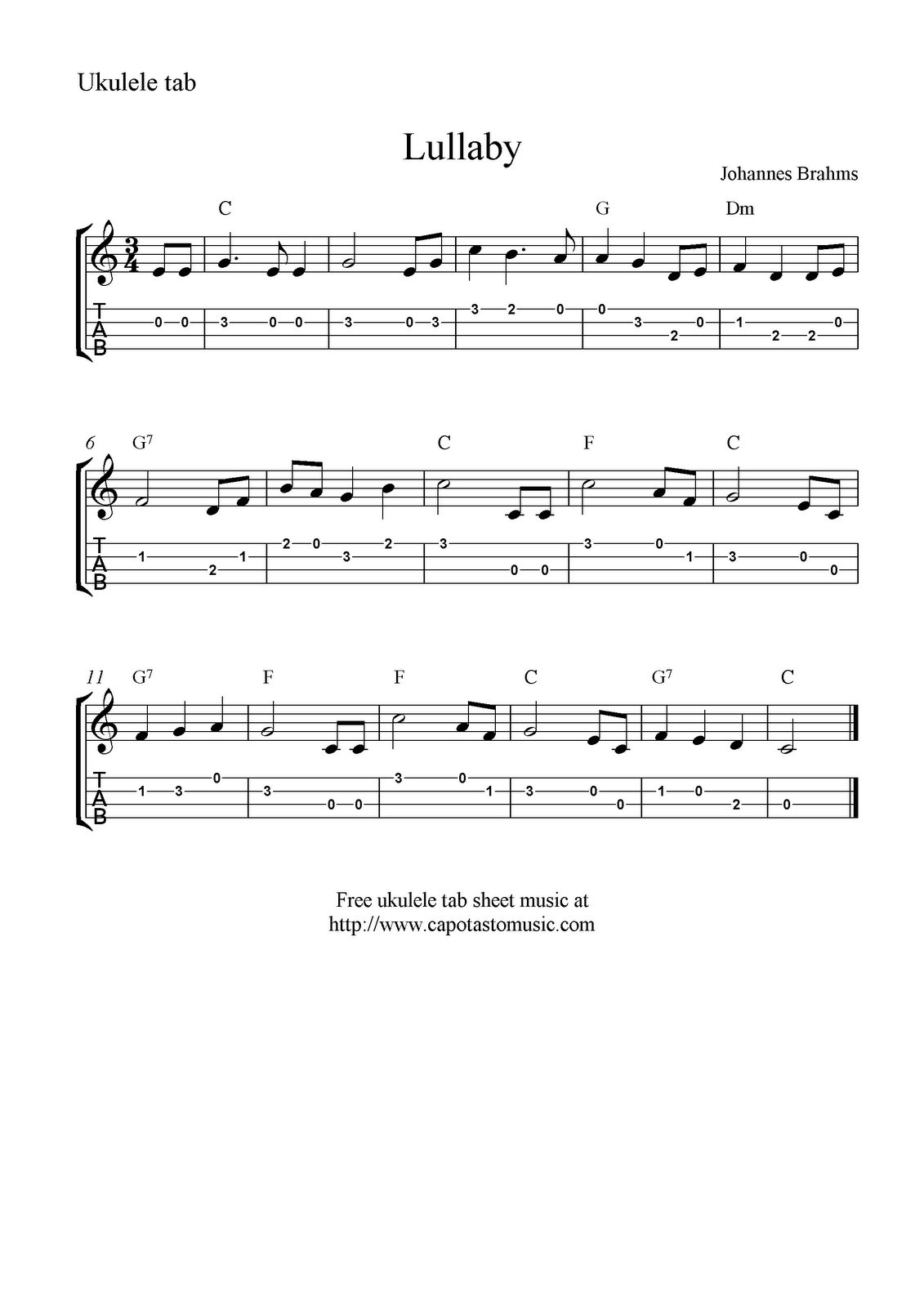 ✓&amp;quot;lullaby&amp;quot;brahms Ukulele Sheet Music - Free Printable | Ukulele - Free Printable Ukulele Songs