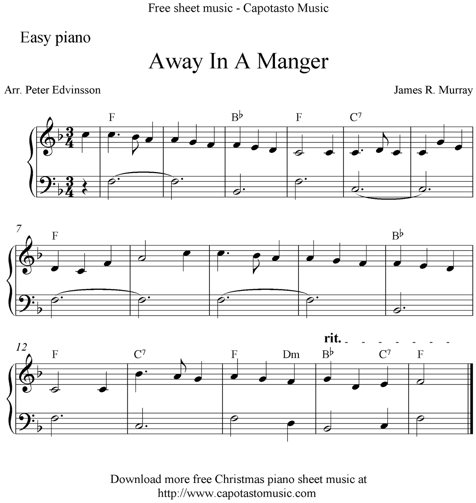 Easy Piano Arrangementpeter Edvinsson Of The Christmas Carol - Free Christmas Piano Sheet Music For Beginners Printable