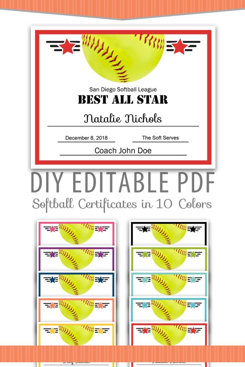Editable Pdf Sports Team Softball Certificate Award Template | Etsy - Free Printable Softball Award Certificates