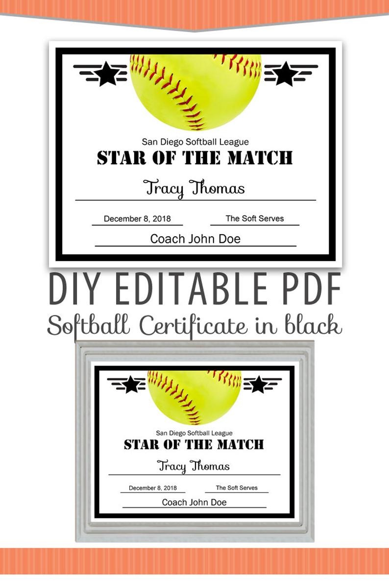 Editable Pdf Sports Team Softball Certificate Diy Award | Etsy - Free Printable Softball Award Certificates