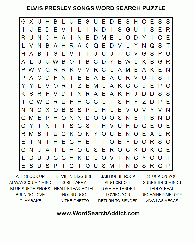 Elvis Songs Printable Word Search Puzzle - Free Printable Word Search Puzzles For Adults