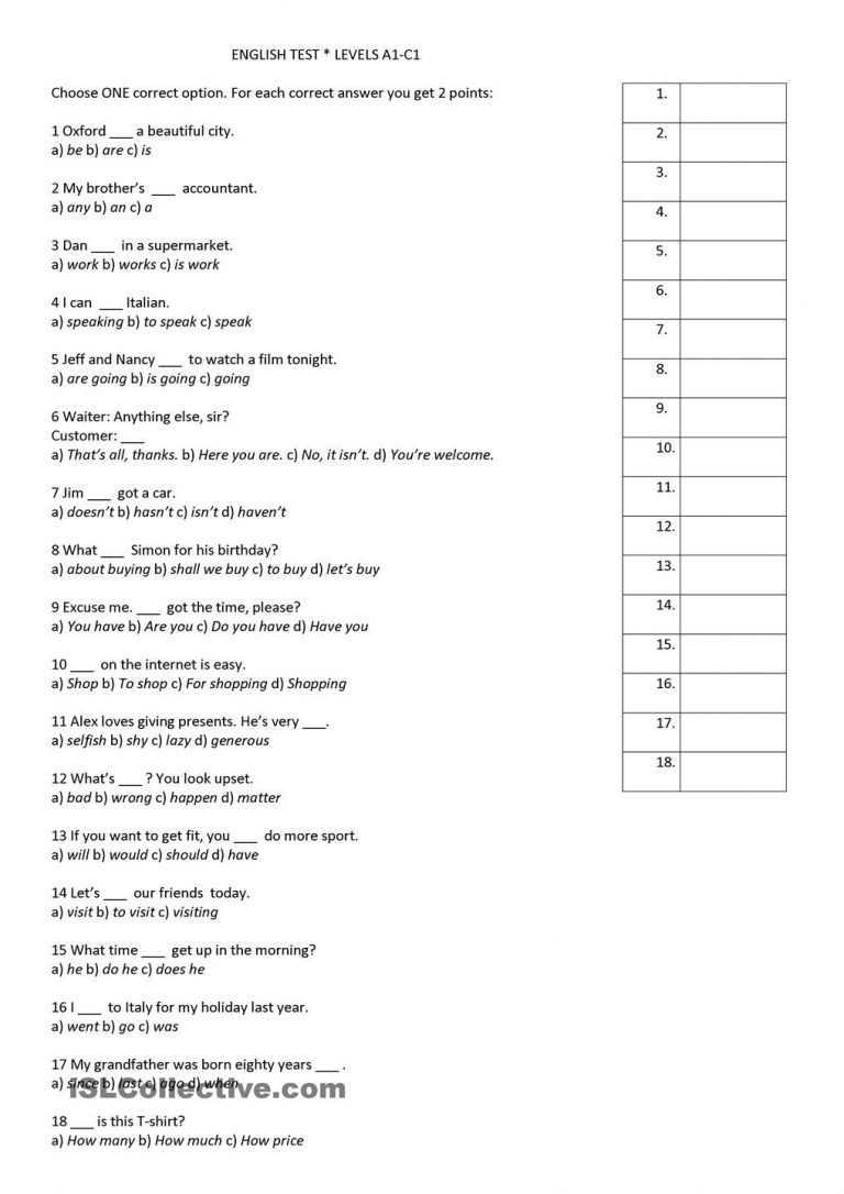 English Placement Test A1-C1 | Tests | English Exam, English Grammar ...