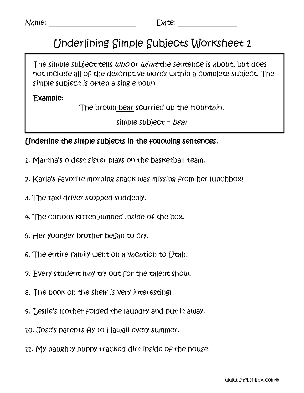 Simple Subject Predicate Worksheets