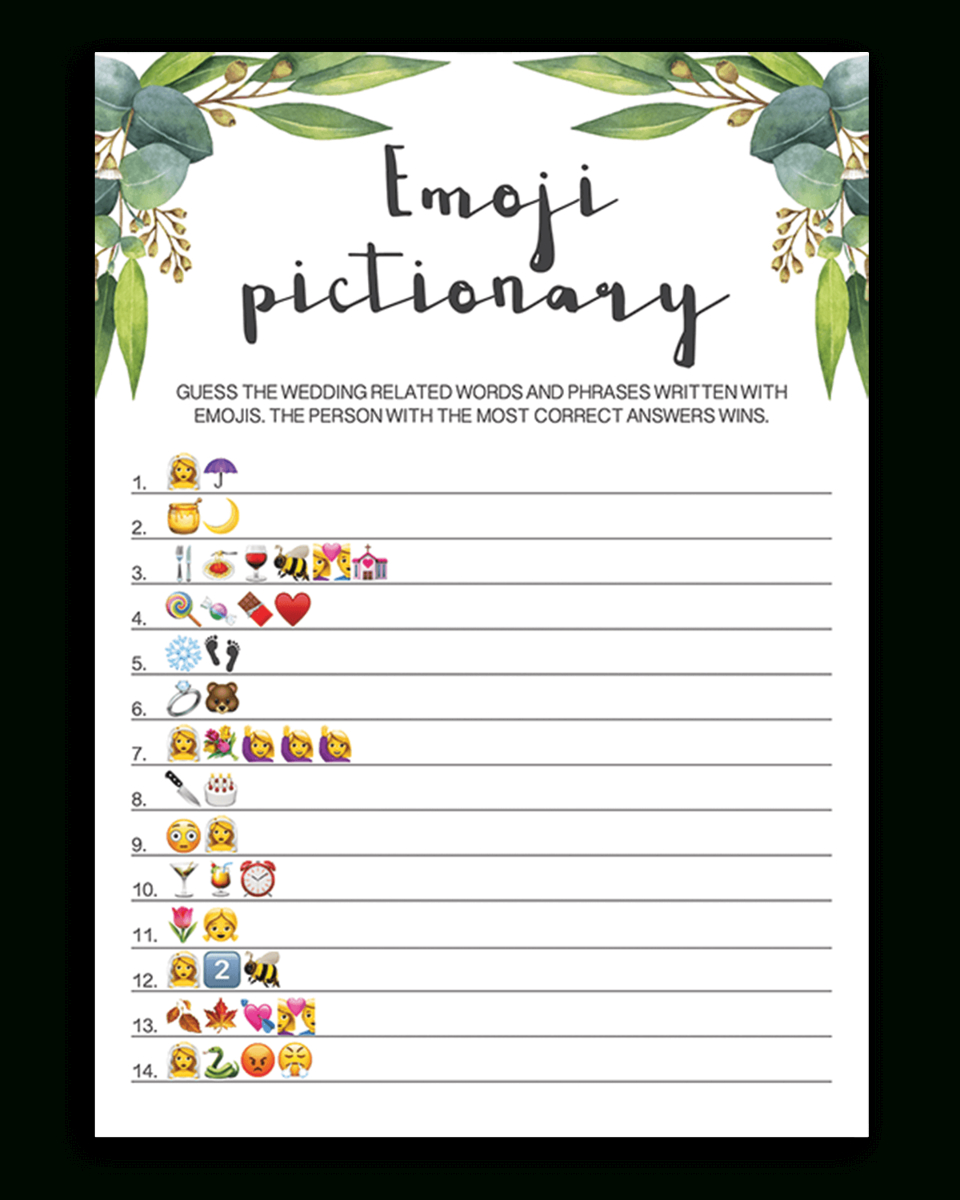 Eucalyptus Bridal Shower Emoji Pictionary Printable - Re1 - Wedding Emoji Pictionary Free Printable