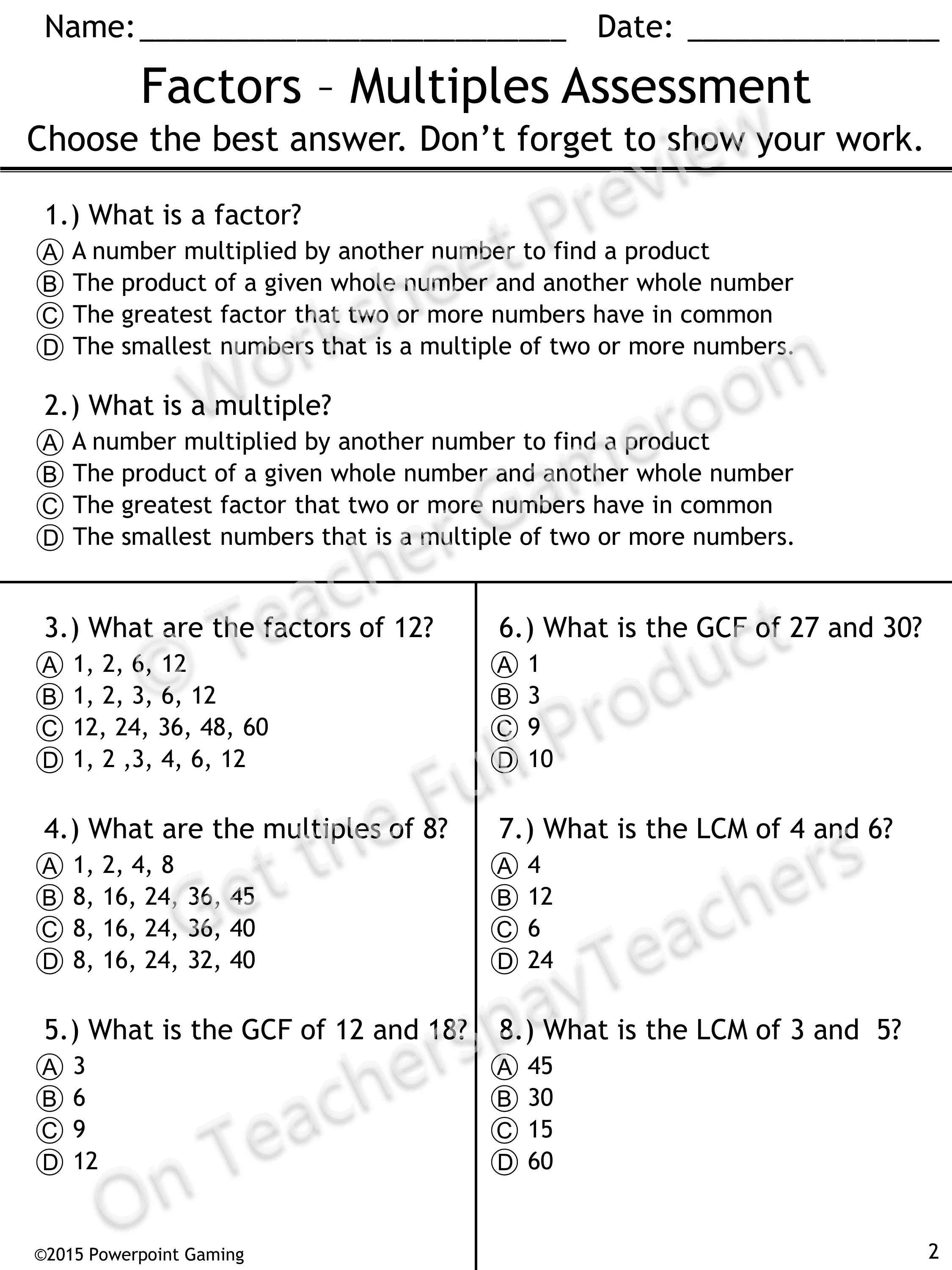 Factors And Multiples Quiz - 4.oa.4 | School | Factors, Multiples - Free Printable Lcm Worksheets