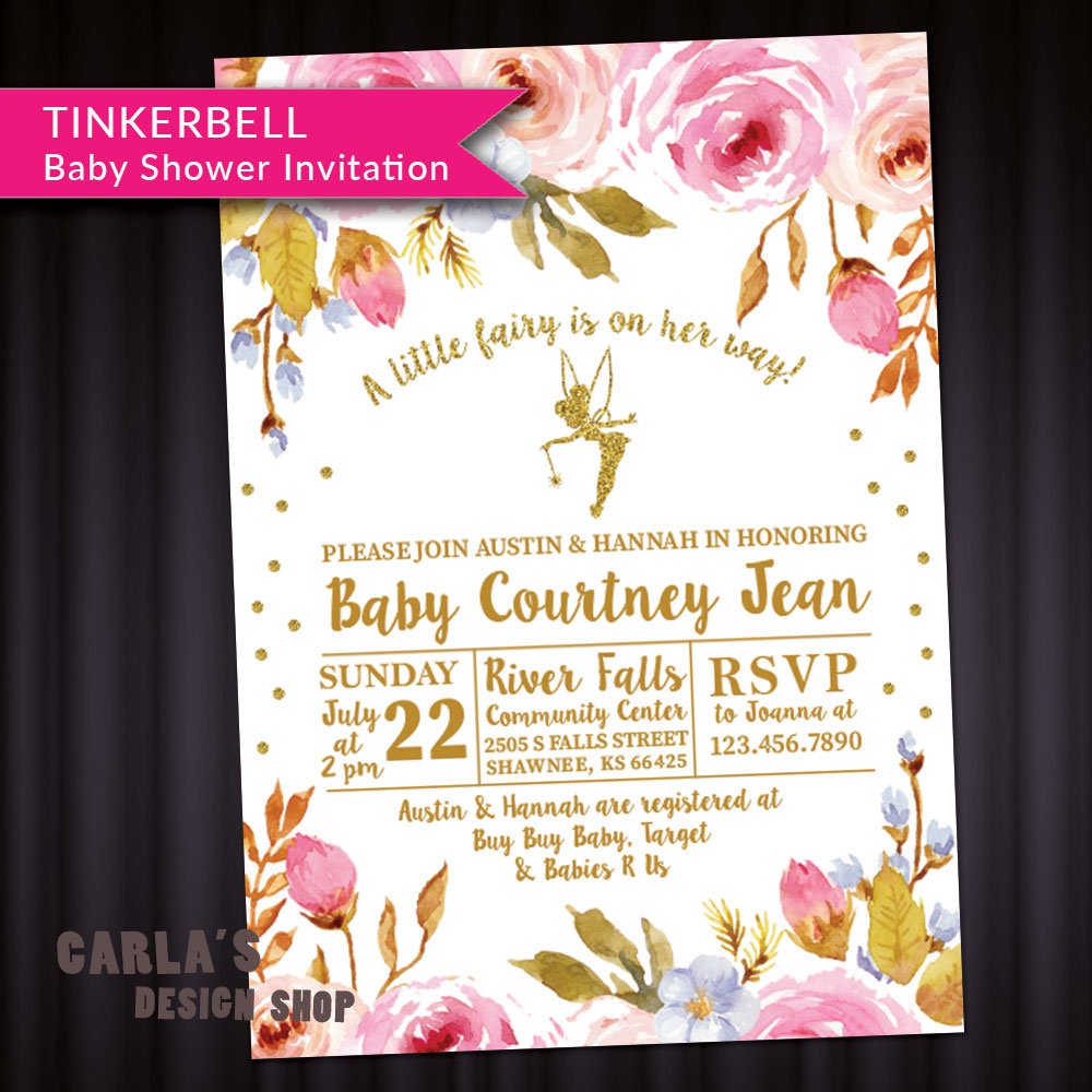 Fairy And Floral Theme Baby Shower Invitation With Tinkerbell | Etsy - Free Printable Tinkerbell Baby Shower Invitations