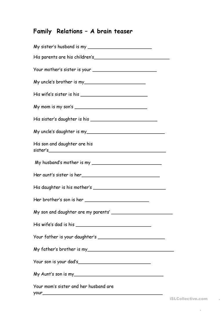 Family Relations - A Brain Teaser Worksheet - Free Esl Printable - Free Printable Brain Teasers Adults