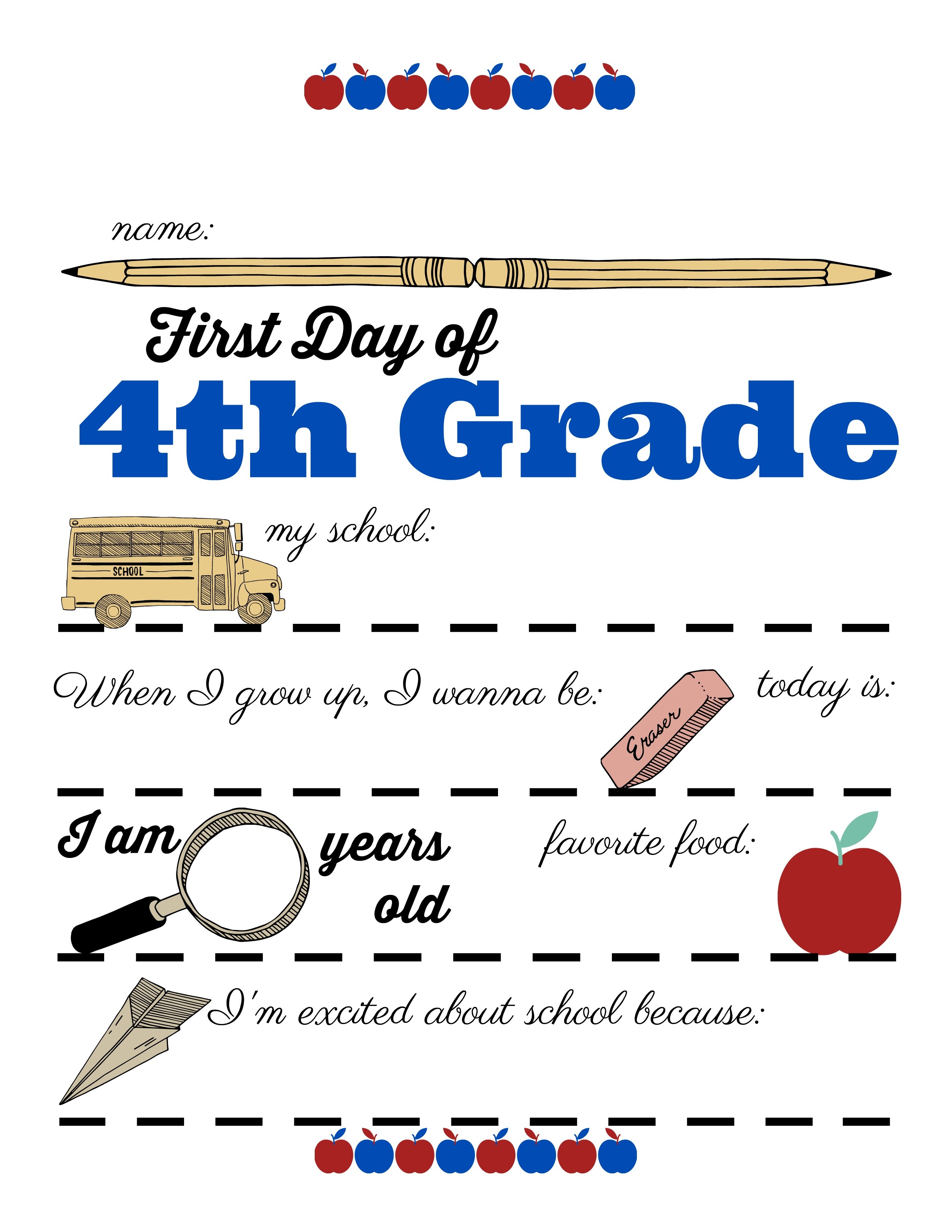 Free Printable First Day Of 4th Grade