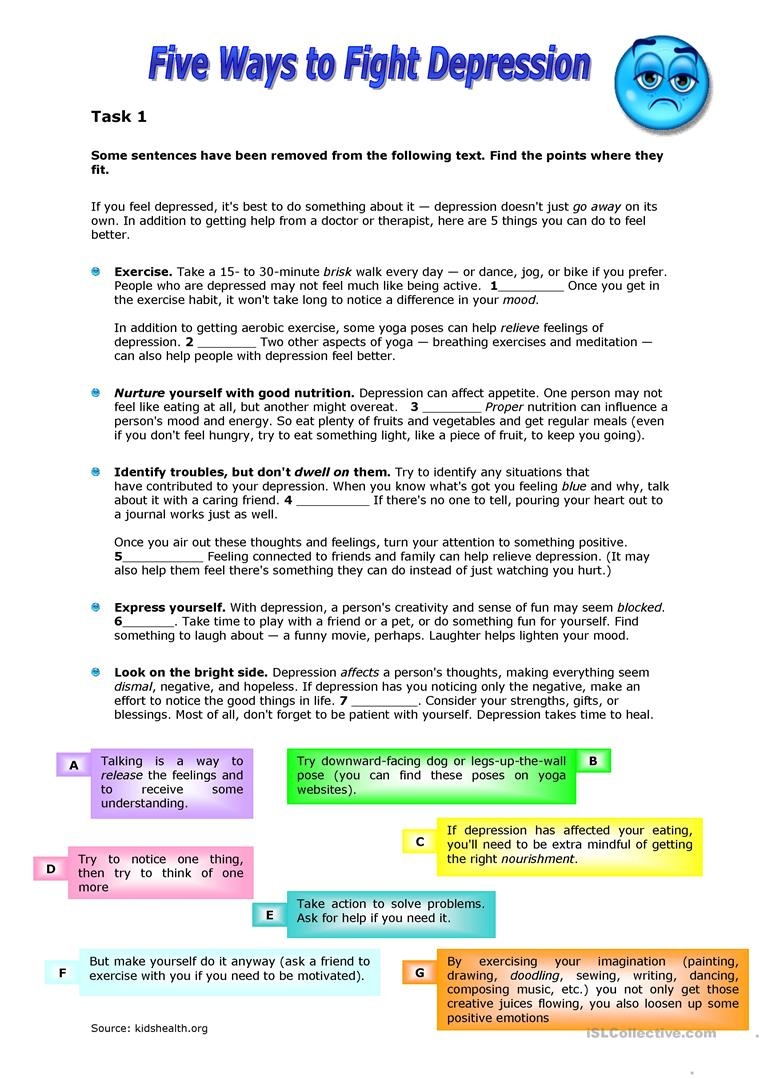 Five Ways To Fight Depression Worksheet - Free Esl Printable - Free Printable Worksheets On Depression