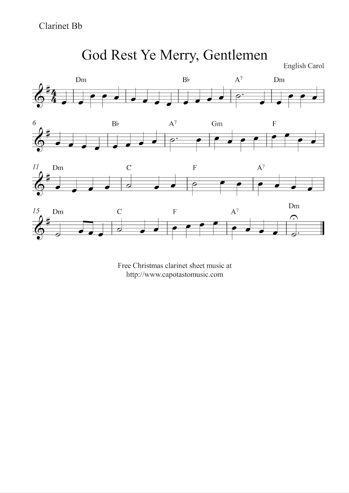 Free Christmas Clarinet Sheet Music - God Rest Ye Merry, Gentlemen - Free Printable Christmas Sheet Music For Clarinet