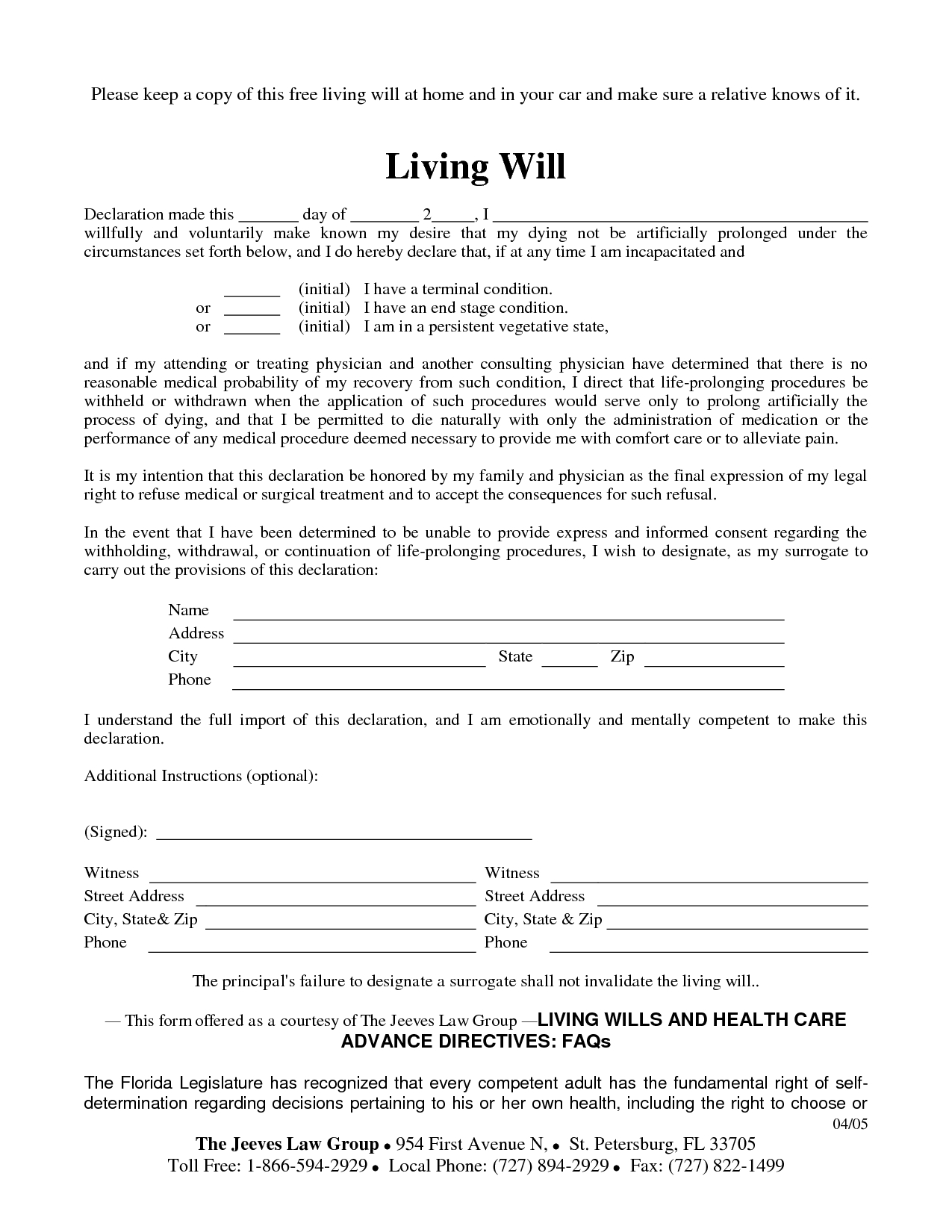 Free Copy Of Living Willrichard Cataman Living Will Sample Free 