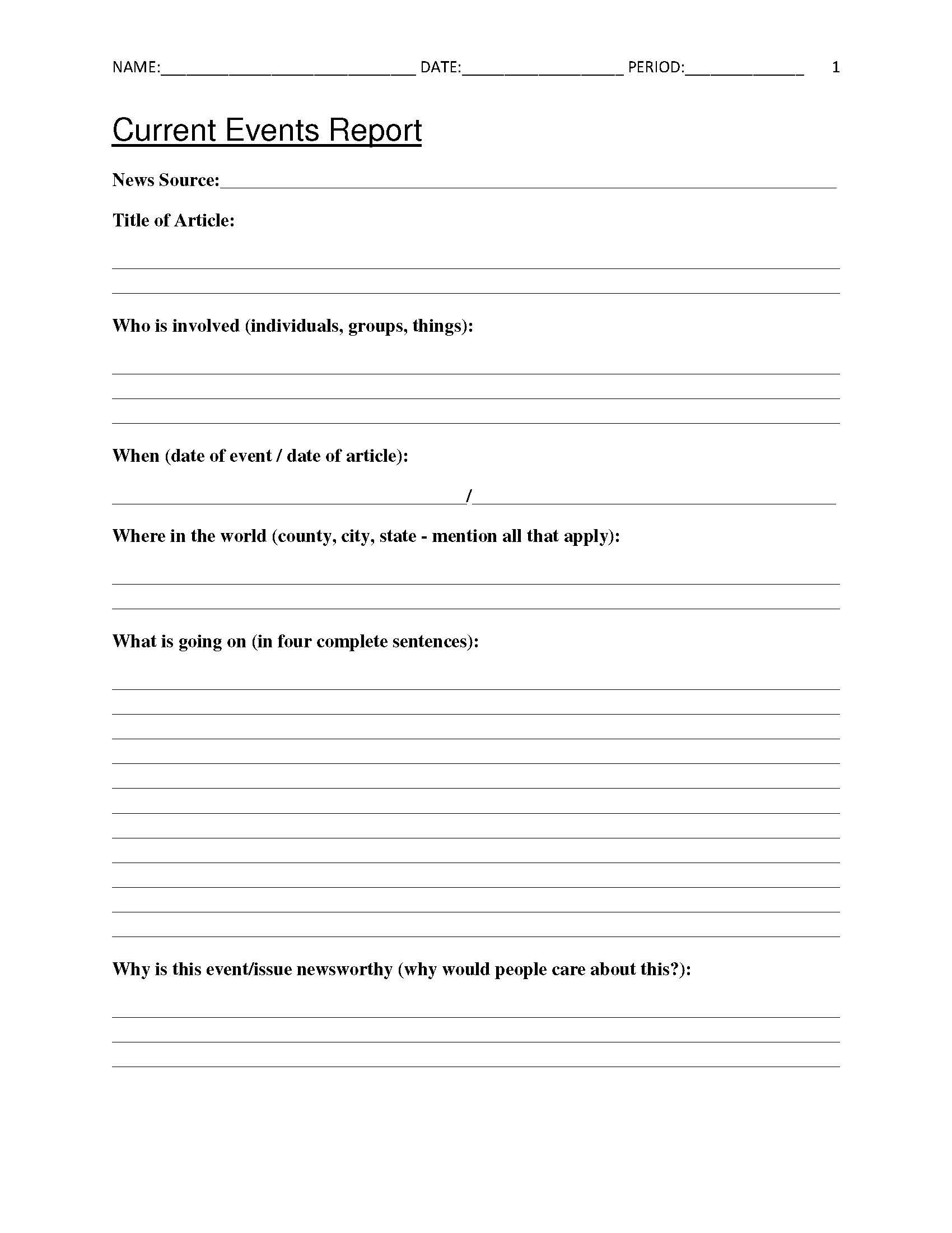 Free Current Events Report Worksheet For Classroom Teachers - Free Printable 8Th Grade Social Studies Worksheets