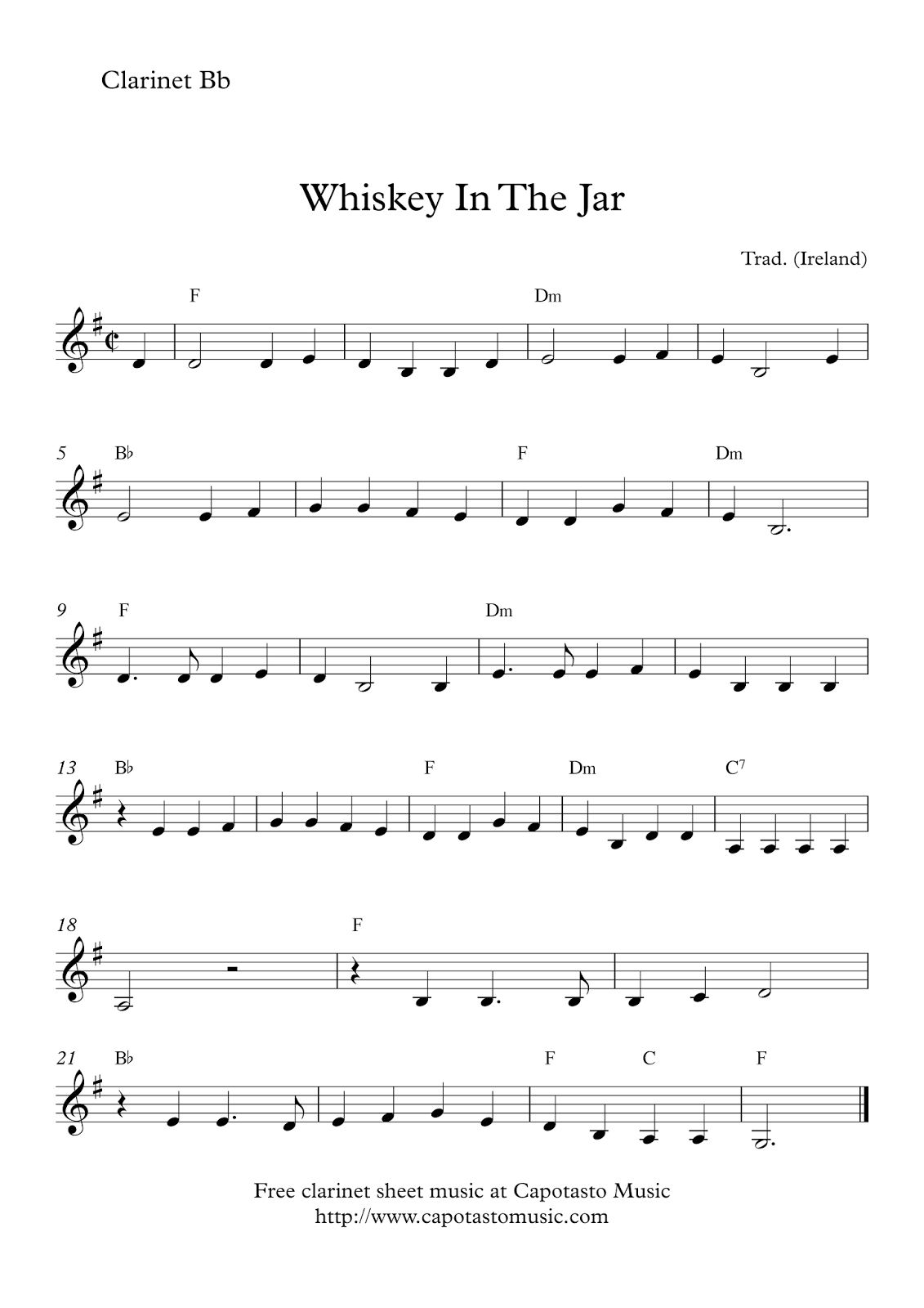 Free Easy Clarinet Sheet Music | Whiskey In The Jar - Free Printable Clarinet Sheet Music
