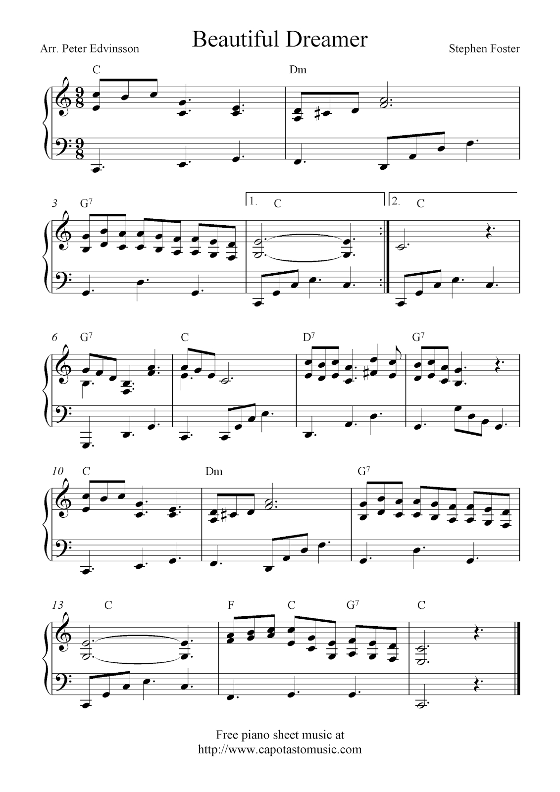 Free Easy Piano Sheet Music, Beautiful Dreamer - Free Printable Sheet Music For Piano