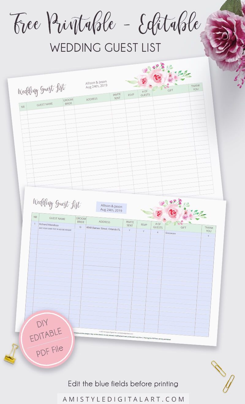 Free Editable-Printable Wedding Guest List | Amistyle Digital Art In - Free Printable Wedding Party List