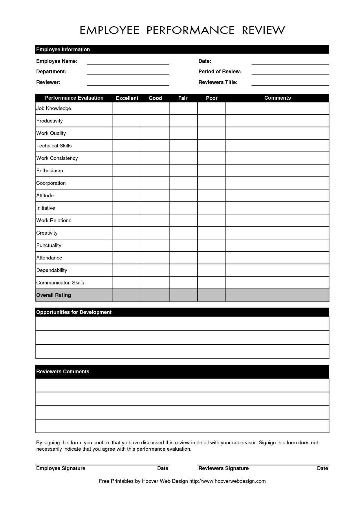Free Employee Performance Evaluation Form Template | Work | Employee - Free Employee Evaluation Forms Printable
