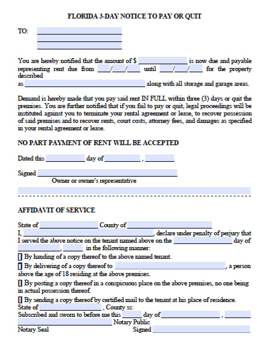 Free Florida Eviction Notice Template | 3 Day Notice To Pay Or Quit - Free Printable 3 Day Eviction Notice