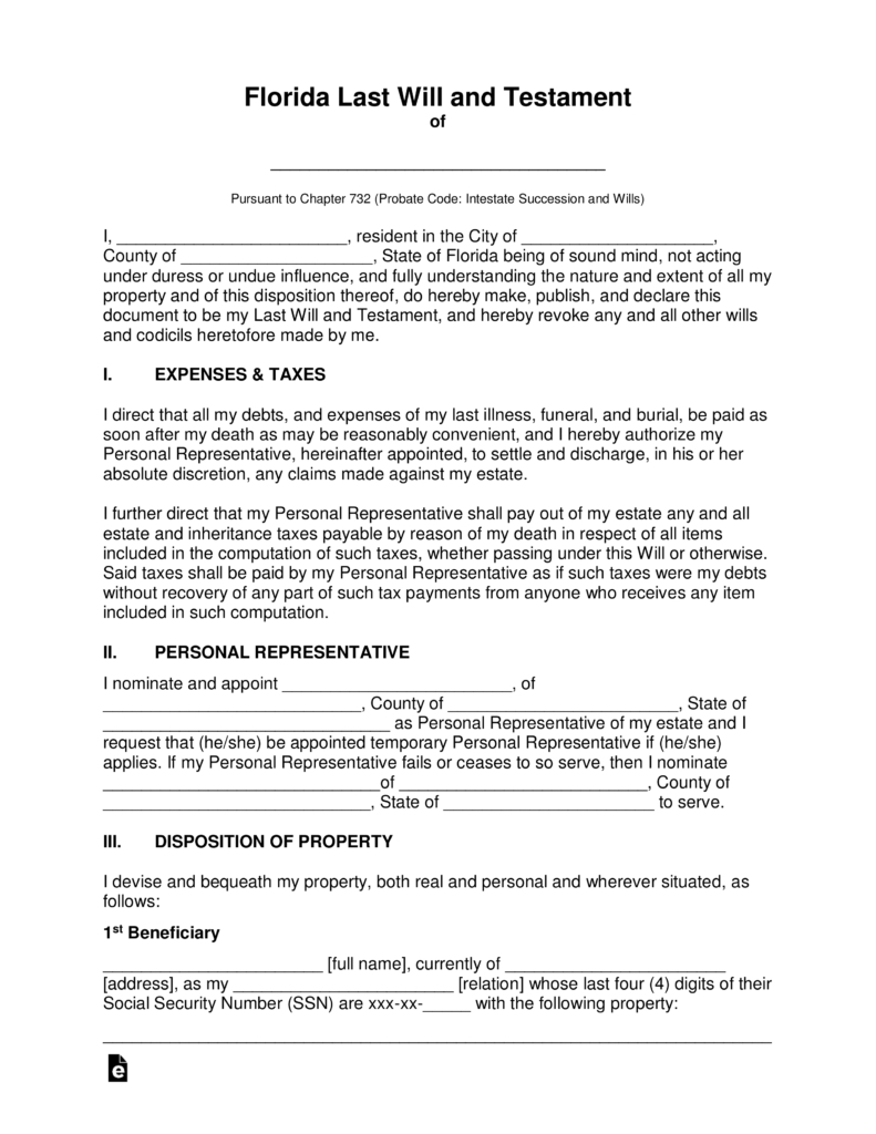 Free Printable Florida Last Will And Testament Form Free Printable