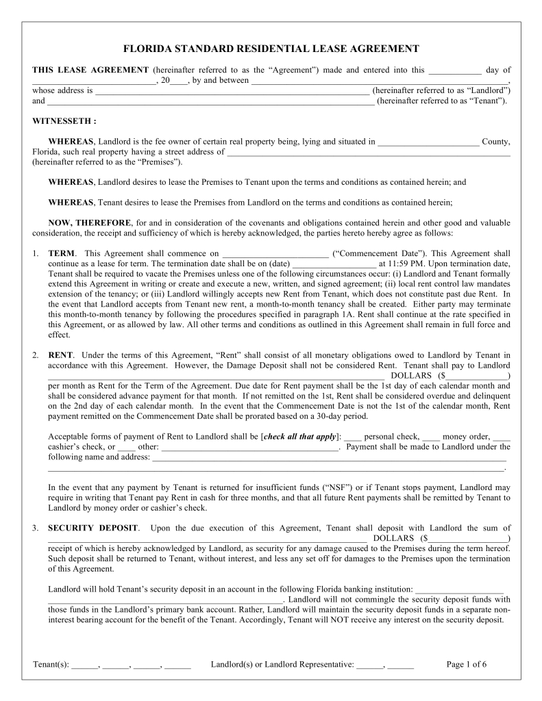 Free Florida Standard Residential Lease Agreement Template - Word - Free Printable Florida Residential Lease Agreement